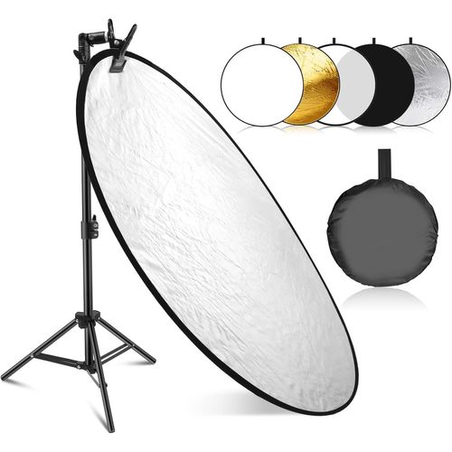 NEEWER Kit de Réflecteur de Lumière 110cm, Réflecteur Rond Pliable 5 en 1 (Translucide/Argent/Or/Blanc/Noir) avec Pince, Adaptateur Montage et Support 53-110cm pour Photographie en Studio à Angle Bas