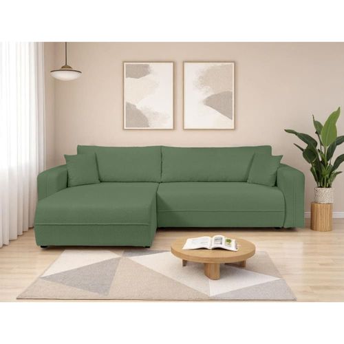 Canapé D'angle Convertible 4 Places En Tissu Bouclette Vert Foncé