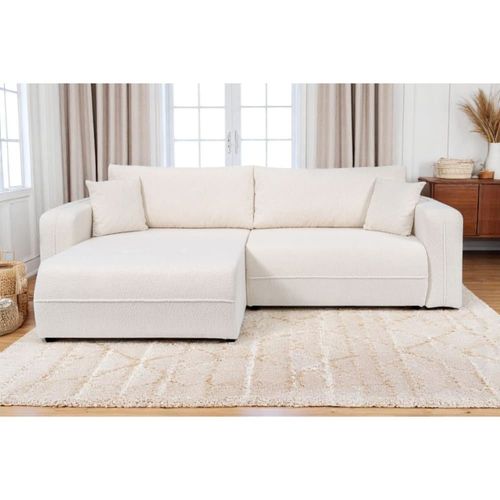 Canapé D'angle Convertible 4 Places En Tissu Bouclette - Blanc