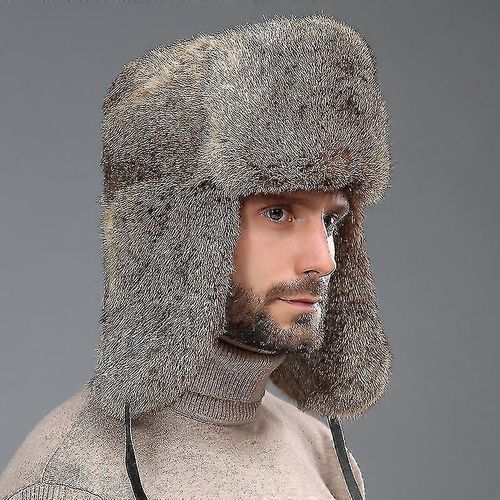 Hommes Véritable Fourrure Chapeau En Peau Chapeaux Chapeau D'hiver Russe Avec Rabats D'oreille Cadeau De Noël Pour Hommes (Kui)