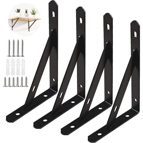 4 Pcs Equerre Etagere Murale Noir 25cm Équerre Triangulaire Support Etagere Murale En Fer Noir Avec Vis Pour Étagère Déco Cuisine Chambre Meubles Suspendus Placard (Charge 30kg)