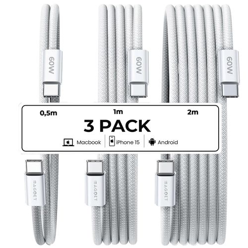 Aer-, Lot 3 Câble De Charge Rapide 60w [Cottonbraid] Renforcé 0,5m+1m+2m, Chargeur Compatible Avec Iphone 15, Android, Usb-C Appareils