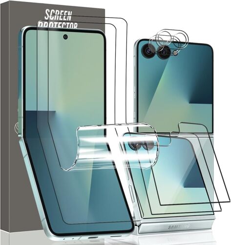 JGD-Protection D'écran pour Samsung Galaxy Z Flip 7, 2 Pièces Flexible TPU Protecteur D'écran + 2 Pièces Arrière Verre Trempé + 2 Caméra Arrière, HD Clair, Anti-Rayures