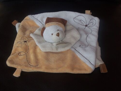 Doudou Plat Ours Baby Nat Beige Ecru Marron Bonnet Avec Noeud