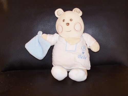 Doudou Ours Nounours Blanc Creme Bleu Ciel Mouchoir  Robe Blanche Coton
