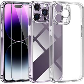 Coque 3-En-1 Pour Iphone 14 Pro (6,1 Pouces) + 2 Verres Trempés - Transparente Anti-Jaunissement, Protection Militaire Antichoc, Protège-Caméra Et Anti-Rayures, Fine Et Compatible Charge Sans Fil