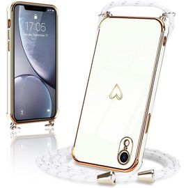 Coque Compatible Iphone Xr Ultra-Fine Avec Lanière Amovible ¿ Motif C?ur Galvanisé, Tpu Silicone Antichoc, Blanc