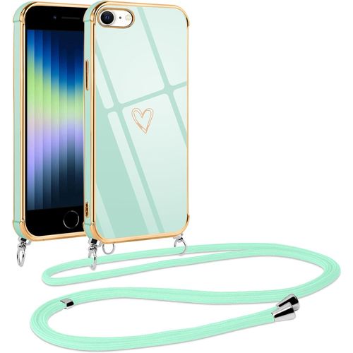 Coque TPU verte anti-choc 4,7'' avec cordon tour de cou réglable et motif coeur, chaîne amovible - Compatible iPhone 8 / iPhone SE 2020 / iPhone 7 / SE 2022