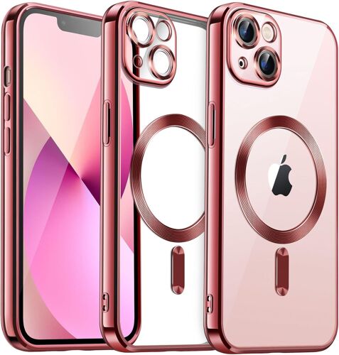 Coque Souple Clair pour iPhone 13 6,1 Pouces, Protection Compl¿¿te d'Objectif de Cam¿¿ra, Compatible avec MagSafe Recharge sans Fil, ?tui Housse en TPU Galvanis¿¿ Antichoc (Rose)