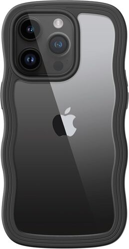 KALANKA-Coque Mignon pour iPhone 14 Pro Max 6,7 Pouces, Étui Housse Vague Cadre Forme Bouclée Antichoc pour Femmes et Filles, Dos Transparent en PC Dur (Noir)