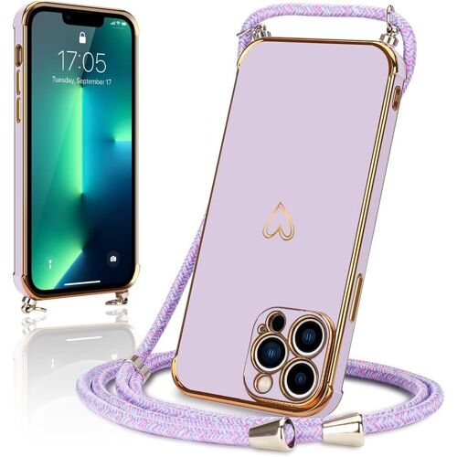 Coque pour iPhone 13 Pro avec Collier Réglable Coque iPhone 13 Pro Silicone avec Motif Coeur d'amour Mignon Etui Housse avec Cordon Tour de Cou Lanière en Corde pour iPhone 13 Pro (Violet)