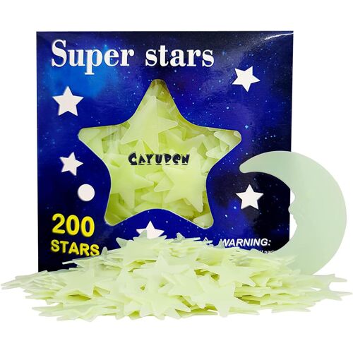 KALANKA-Étoiles et Lune Kit, 3D Phosphorescentes Adhésives 200 Pièces Fluorescentes pour Décoration Murale Lumineuse Idéal mur Plafond, Cadeau Bébé Enfant, Etoile Phosphorescente Plafond