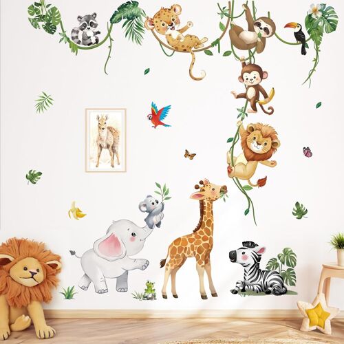 KALANKA-Stickers Muraux Animaux de la Jungle Vigne Autocollant Mural Safari Animaux Tigre Lion Girafe Singe Décoration Murale Chambre Enfants Salon Bébé Pépinière