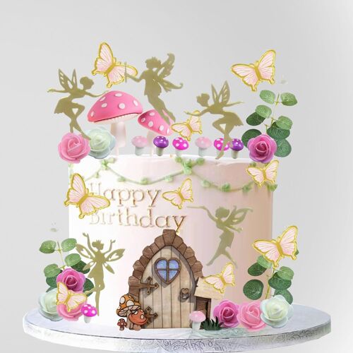 KALANKA-Décoration Gâteau Fée, 39pcs - Décoration Gâteau Champignons, Papillons, Fleurs - Occasion Anniversaire Fille ou Fête Fée - Rose, Vert et Blanc
