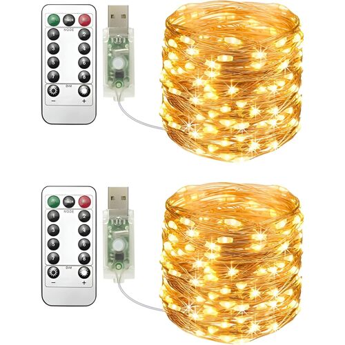 KAL-Lot De 2 Guirlandes Lumineuses Usb De 10 M, 10 M, Chaud, 100 Led Usb, Fil De Cuivre Avec Télécommande, 8 Modes, Minuterie Et Intensité Variable Pour Décoration De Noël, Chambre À Coucher,