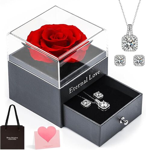Rose Eternelle avec Bijoux Argent 925,Collier Femme Boîte de Roses,Rose Stabilisée Rouge,Cadeau pour Elle la Noël,La Saint-Valentin,Fête des mères,Anniversaire