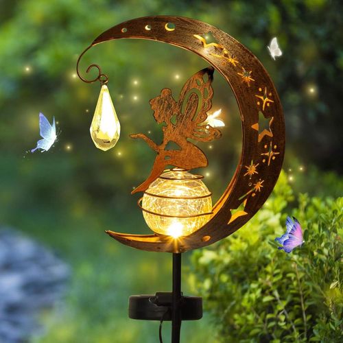 Moon Lampes Solaires De Jardin, Lampe Solaire D'extérieur, Lampe De Jardin À Boule De Verre Led, Décoration De Jardin Pour Pelouse De Cour, Lumière Solaire De Fée De Fleur D'elfe, Lumi