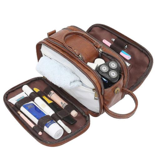 Trousse de toilette en cuir imperméable pour homme, grande trousse de toilette de voyage, kit de rasage, salle de bain, salle de sport, articles de toilette, organisateur de maquillage avec séchage gratuit