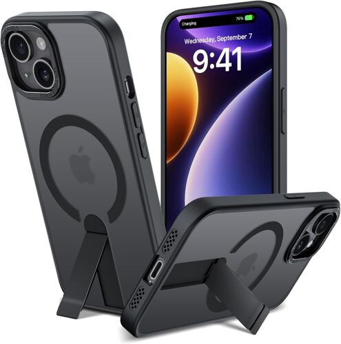 KALANKA-Coque pour iPhone 15 avec Support Compatible avec MagSafe ¿¿tui Magn¿¿tique B¿¿quille Protection Antichoc, Protection de Qualit¿¿ Militaire Housse Translucide Mat, Noir
