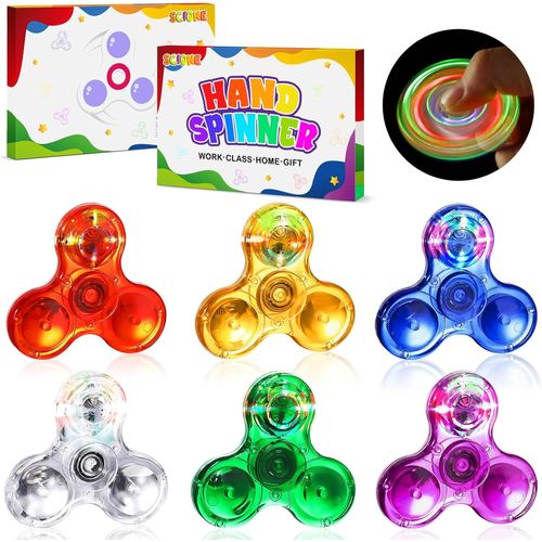 KAL-Fidget Spinner Led 6 Pack \U2013 Hand Spinner Lumineux Mini Pour Enfants\U20133 Modes Clignotants\U2013Jouet Anti-Stress Transparent Pour Enfants, Ados Et Adultes Pour Bureau, École Et Voyage