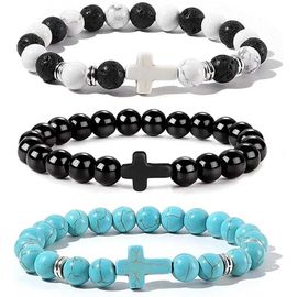 Kal-3 Pièces Bracelet De Perles En Forme De Croix, Bracelet Chrétien Élastique Noir Et Blanc, Bracelet Réglable Avec Croix De Jésus Pour Homme Et Femme, Bijoux Cadeaux, 7.48 Inches, Élasti