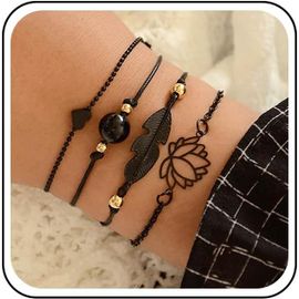Kal-Bracelets En Forme De Lotus Avec Plumes Noires Bracelets Gothiques En Forme D'étoiles Bracelets De Plage Tressés Ajustables Pour Femmes Et Filles (4 Pcs)