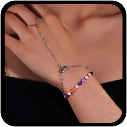Kal-Bracelet Boho Arc-En-Ciel Perles Anneau Doigt Perles Vintage Chaîne Esclave Bracelet Main Perles Colorées Harnais Main Chaîne Bracelet Esclave Ajustable Bijoux Pour Femmes