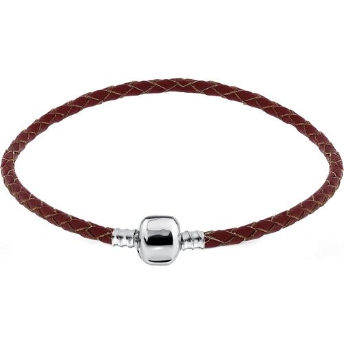 KAL-Bracelet En Cuir Tressé (Rouge Foncé) Avec Fermoir À Clip (22 Cm) Pour Perles Européennes + Pochette En Organza