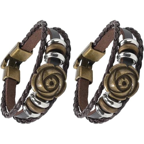 Kal-2 Bracelet En Cuir Boho Marron Coco Pour Homme Bracelet En Cuir Véritable Tressé Bracelet Réglable À Plusieurs Brins Bracelets En Alliage À Fleurs Roses Bracelet Manchette Pour Halloween