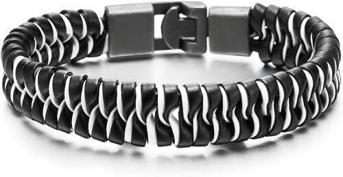 Kal-Homme Femme Noir Blanc Tressé Cuir Bracelet Avec Crochet Fermoir