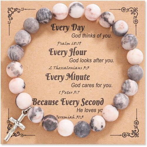 Kal-Bracelet De Perles En Forme De Croix Pour Femme : Pierre Naturelle Chrétienne Bracelet En Perles D'agate Rose Gris Bracelets Croix Bracelet Anniversaire Saint-Valentin Baptême Cadeau Pour