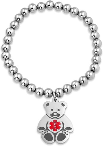 Kal-Personnalisez Votre Bracelet D'alerte Médicale Avec Une Étiquette En Forme D'ours Graver Pour Femmes Ados En Argent.