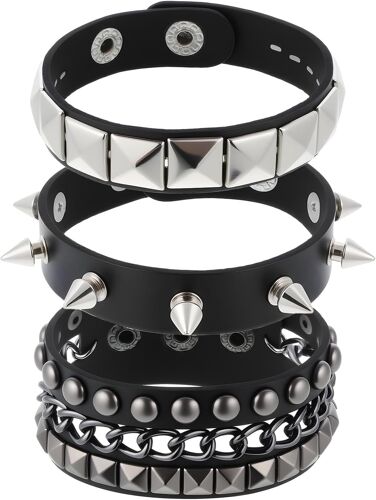 Kal-Lot De 3 Bracelets Punk Rock Cloutés En Cuir Noir À Pointes Pour Homme Et Femme, Bracelets Gothiques Réglables Style Rétro Années 80, Accessoires De Fête D'halloween