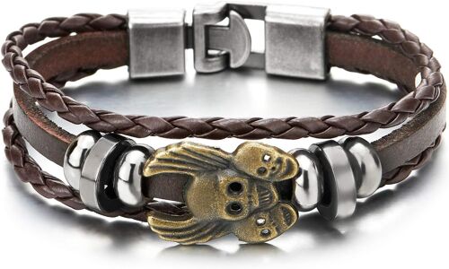 Kal-Vintage Laiton Vieilli Bronze Avec Aile D'ange Crâne Brun Cuir Tressé Multi-Brin Bracelet Entrelacé, Envelopper Bracelet