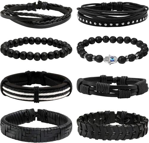 Kal-Lot De 6 À 10 Bracelets En Cuir Pour Homme Et Femme Avec Perles En Bois Tressé Et Cordon Réglable