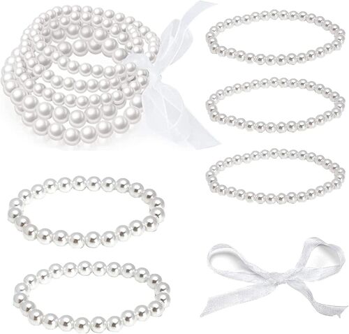 KAL-Bijoux En Perles Artificielles, Lot De 10 Bracelets De Perles Artificielles Bracelet Extensible Pour Femme Fête De Mariage, 1920 Accessoires Perle Artificielle Blanche