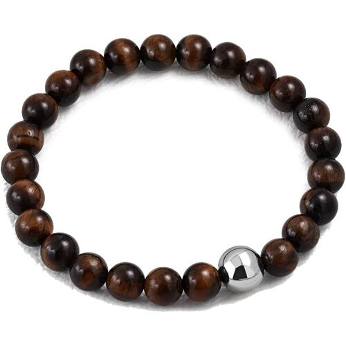 Kal-© Bracelet Perles Elastique - Métal Argenté Et Oeil Du Tigre - 8 Mm - Longueur 20.5 Cm