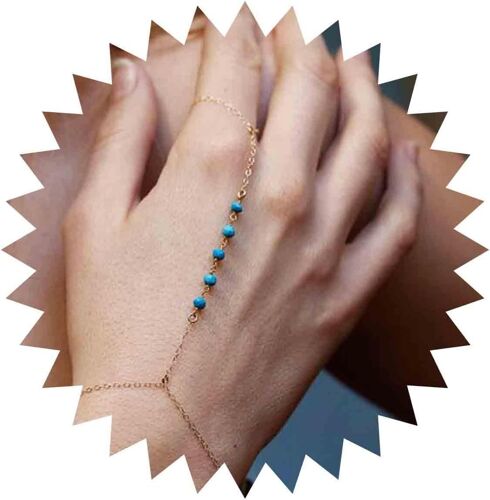 Kal-Bracelet Doigt Turquoise Bohème Bague Turquoise Dorée Bracelet Chaîne Main Bracelet Pierre Gemme Bleue Bracelet Esclave Bracelet Poignet Rétro Plage Chaîne Main Bijoux Pour Femmes Et Filles
