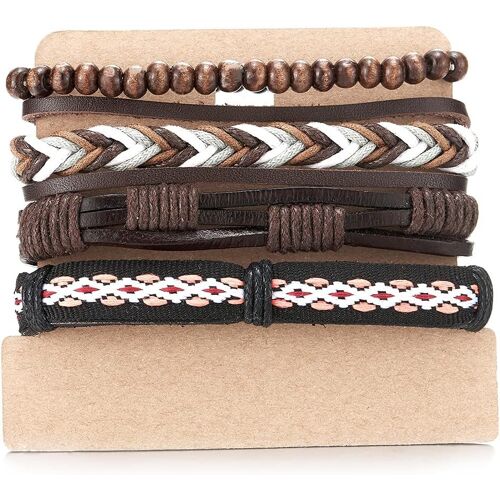 Kal-4 Mélanger Brun Envelopper Bracelet Homme Femme, Multi-Brins Bracelet En Bois Perles, Tribal Coton Cuir Bracelet