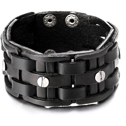 Kal-Bracelet En Cuir Entrelacé Hommes Femmes - Cuir Noir Envelopper Bracelet - Pressionavec Vis Tête Charmes Snap Bouton