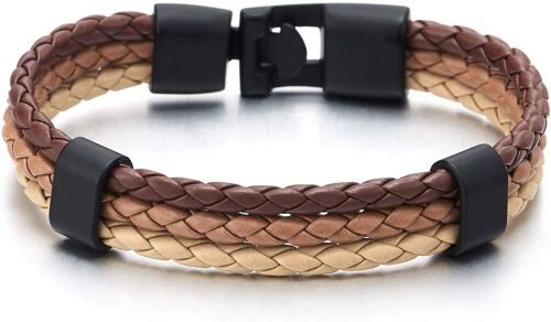 Kal-Femme Homme Brun Beige Trois Rangs Cuir Tressé Bracelet - Envelopper Bracelet Avec Noir Charmes - Crochet Fermoir