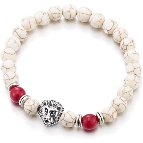 Kal-Imetaclii Homme Femme 8mm Blanc Pierres Bracelet Avce Tête De Lion Et Rouge Perle Charmes