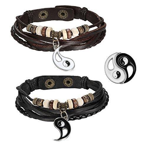 Kal-Bracelets - Cordons En Cuir - Pour Les Couples - Pendentifs Yin Yang / Daoïsme / Tai Chi - Pour Homme Et Femme - Marron; Argenté Et Noir