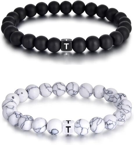 Kal-Lot De 2 Bracelets Avec Lettres De L'alphabet De 8 Mm En Pierre Naturelle Pour Couple Livré Dans Une Boîte Cadeau Raffinée