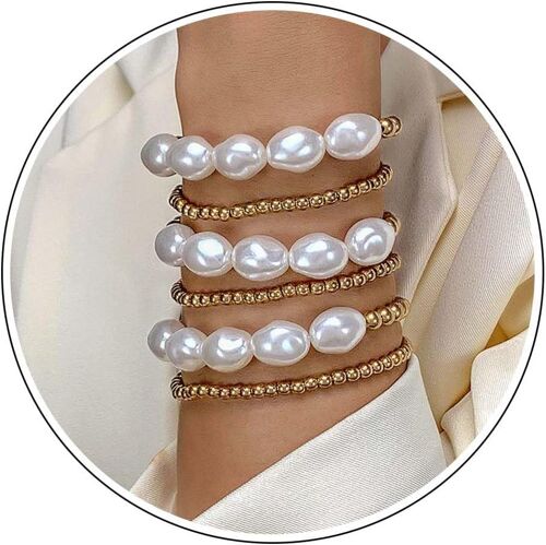 Kal-Bracelets De Perles En Or Pour Femmes Bracelets De Perles Baroques Empilables Bracelets De Perles Extensibles Réglables Bracelets De Perles Élastiques Jeu De Bracelets De Perles Pour Mariées