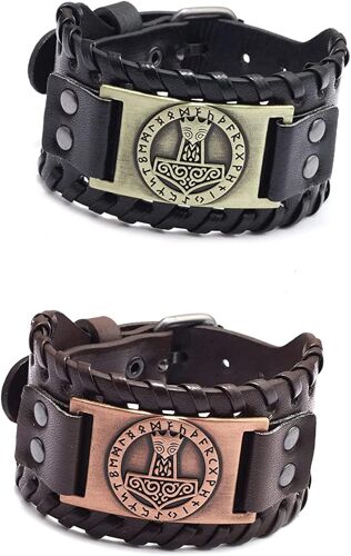 Kal-2 Pièces Amulet Gothique Braceletm, Bracelet Large En Cuir Métal, Vintage Amulette Gothique, Nordique Marteau Rune Bracelet, Bracelet Manchette En Cuir Pour Homme, Pour Cosplay Celtique Païen