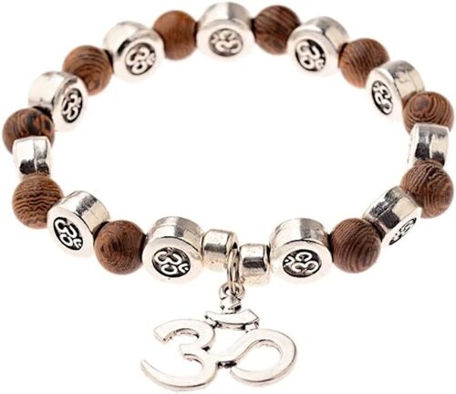 Kal-Bracelet De Perles En Bois Naturel | Méditation | Oracion | Yoga | Pendentif Om | Homme Femme |