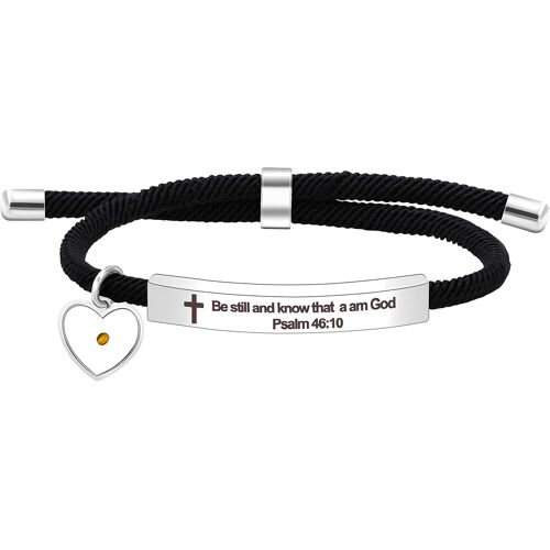 Kal-Religious Bible Verse Bracelet For Women Girls Christian Encouragement Gift, Black String Stainless Steel Engraved Plate Bar Bracelet