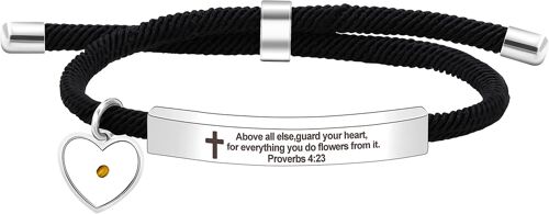 Kal-Religious Bible Verse Bracelet For Women Girls Christian Encouragement Gift, Black String Stainless Steel Engraved Plate Bar Bracelet