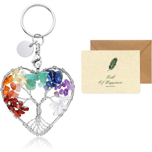 Kal-Arbre De Vie Porte Clef Original, 7 Chakra Guérir Cristal Arbre De Vie Porte Clef Femme Chic Bijoux Pendentif Porte Clé Porte Bonheur Avec Carte